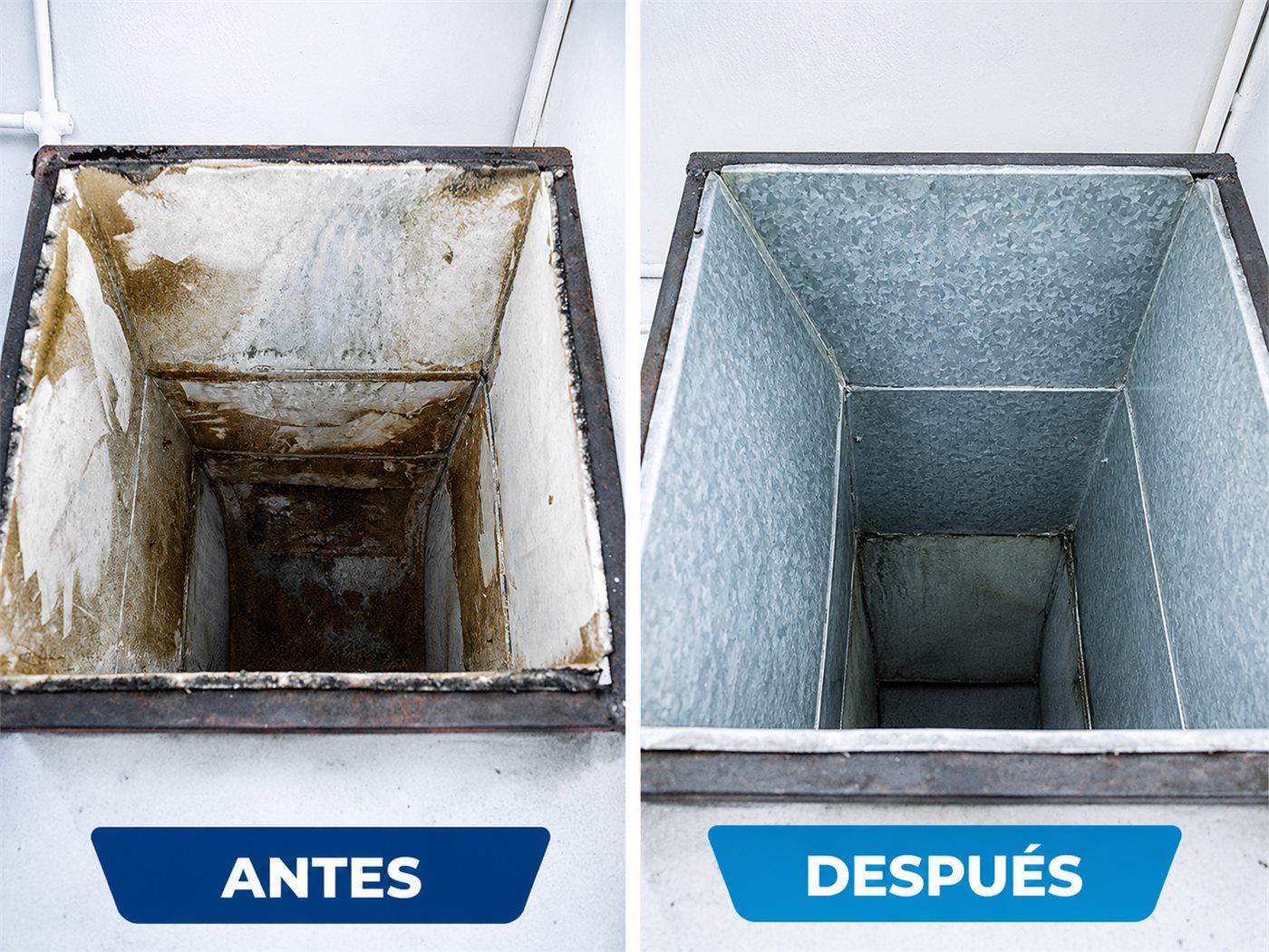 Ducto de ventilación vertical antes y después de la limpieza profunda