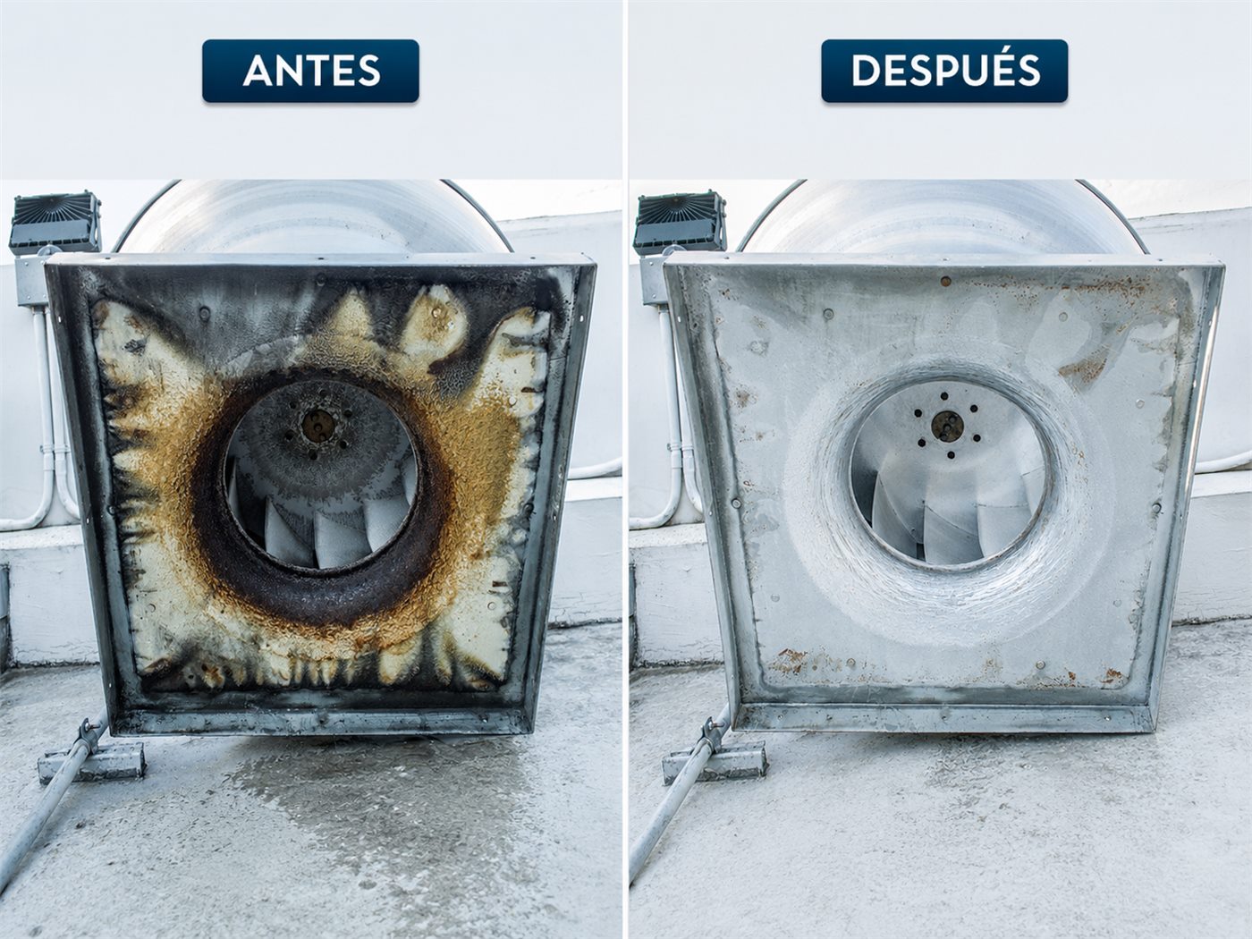 Extractor de grasa y humo antes y después: de grasa quemada a superficie limpia
