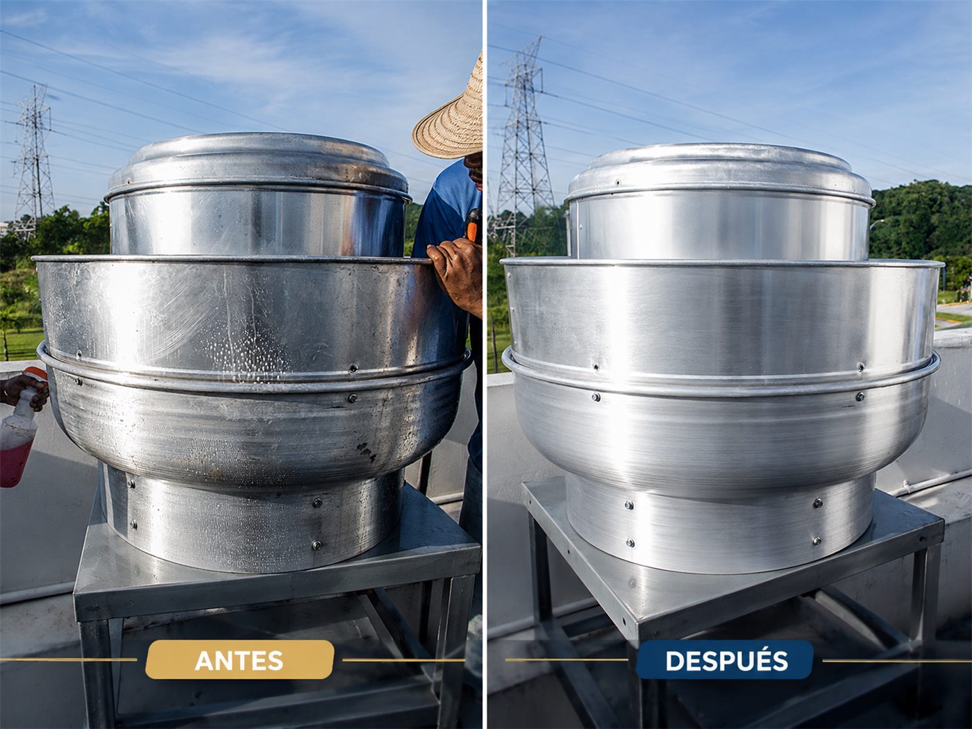 Extractor industrial de techo antes y después del servicio de limpieza