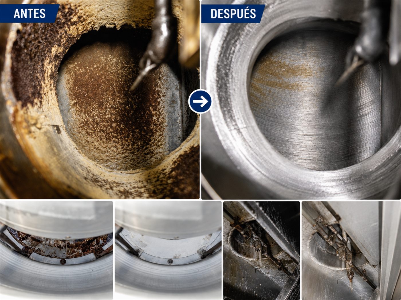 Interior de ducto de extracción antes y después de la limpieza: de grasa carbonizada a metal limpio